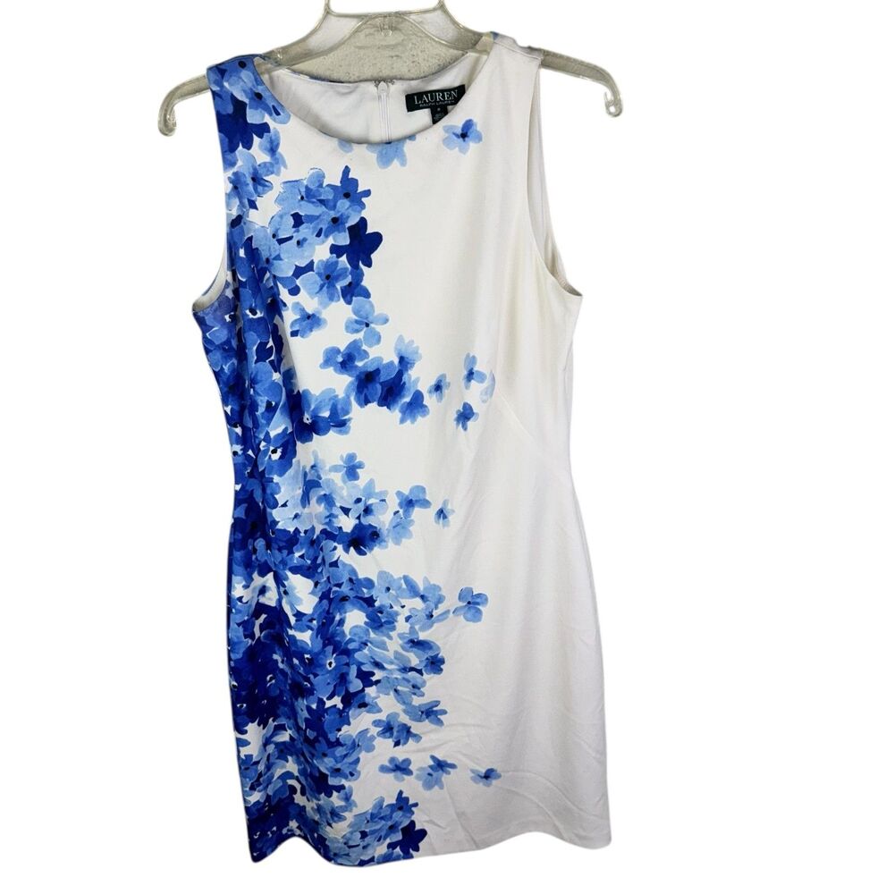 Lauren Ralph Lauren DRESS Sz 8 Floral Print Lined Sheath Classic Blue White